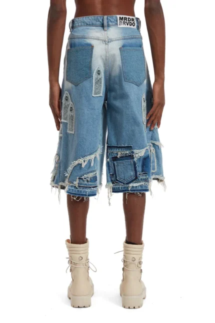 PATCHED ARCH BLOWOUT DENIM SHORT BACK